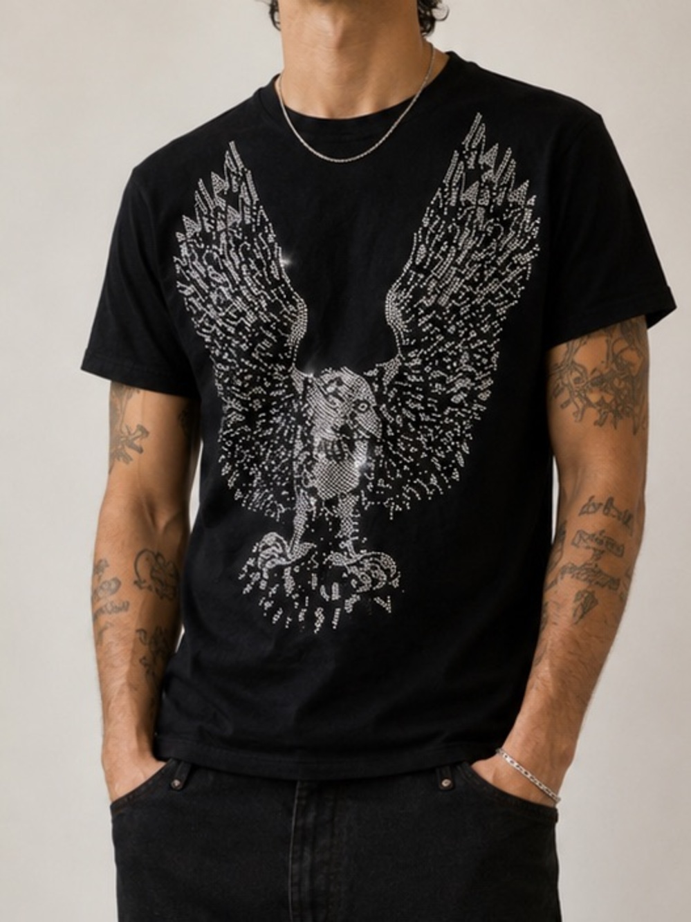 Heads or Tails Rhinestone Eagle Black Graphic Tee Shirt Size Small